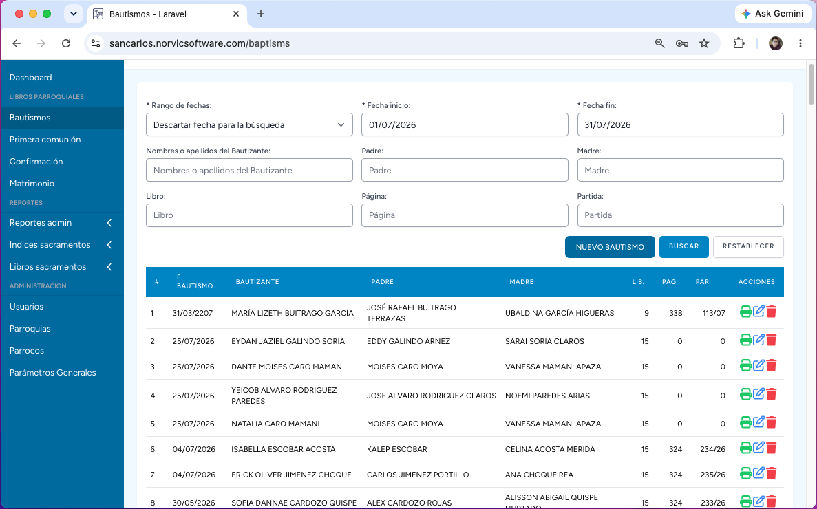 Sistema ISAP - Módulo de Bautismos, software para iglesias en Colombia